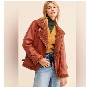 Hutch Faux Leather Sherpa Jacket Womens XS Cognac Brown New Moto Aviator Biker